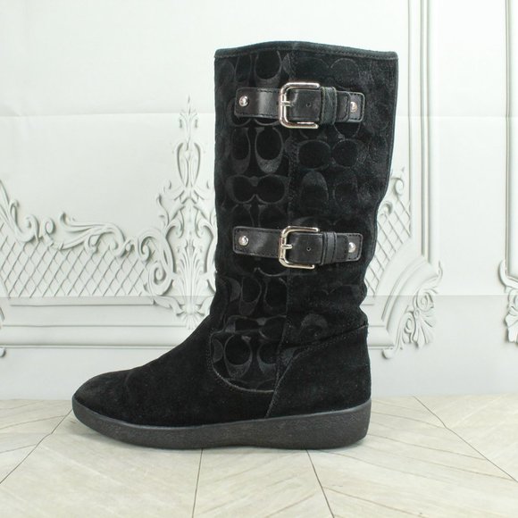 Coach Shoes - Coach Tinah Monogram Black Suede Lined Buckle Mid Calf Boots Size 7.5 B